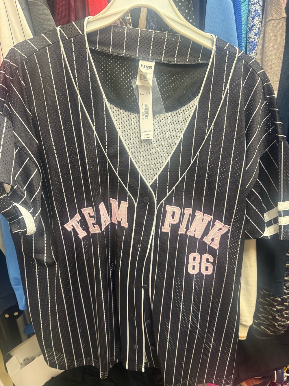 Team PINK 86 Black Pinstripe Baseball Jersey